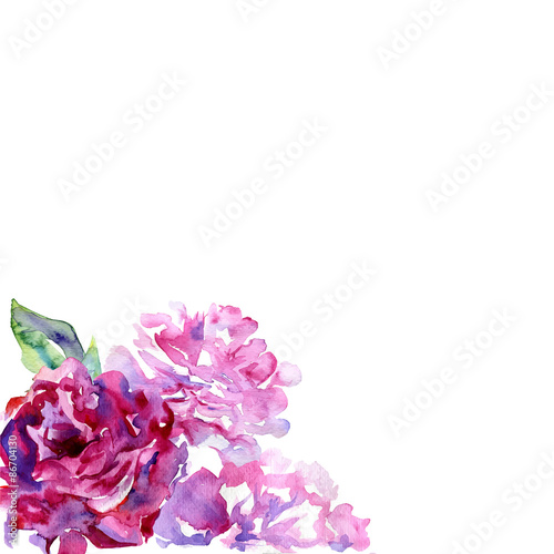 White background with violet, pink peons and copy space