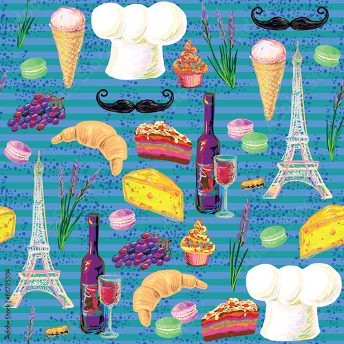 Seamless Paris French food vector pattern with Eiffel Tower, chef's hat, mustache, wine glass, grapes, bottle of wine and cake, croissant, ice cream, cupcakes, macaroon, cheese