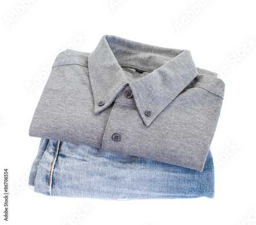 Grey cotton shirt and blue jean on white backgroun