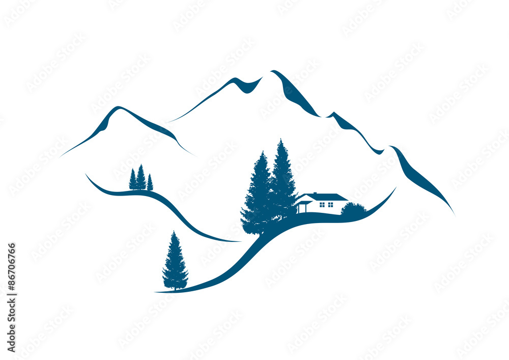 Fototapeta premium illustration einer berglandschaft mit Tannen und berghütte
