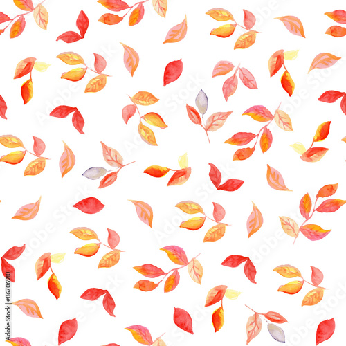 Seamless watercolor pattern with red and yellow leafs