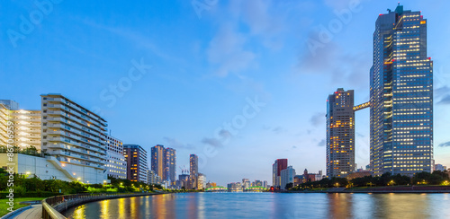 Panorama view of waterfront Tokyo city at twilight