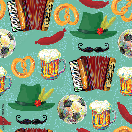 German music seamless pattern Tirol Bavarian Oktoberfest hat, mustache, accordion, beer, pretzel, sausage, football soccer ball vector background for wallpaper, web page background, textile