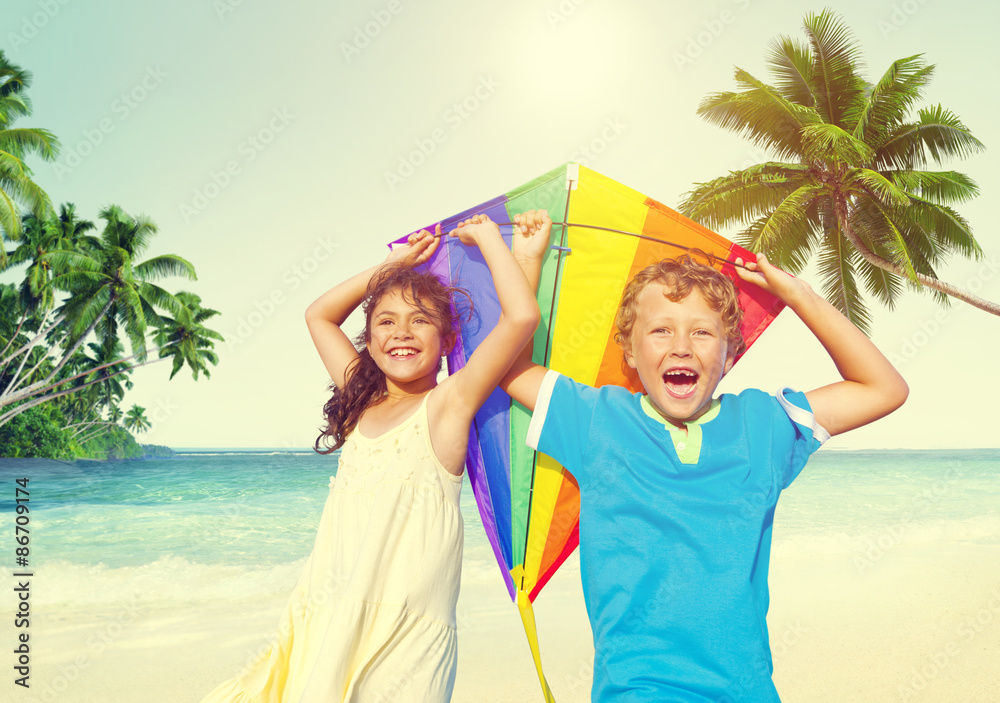 Children Playing Kite Happiness Cheerful Beach Summer Concept