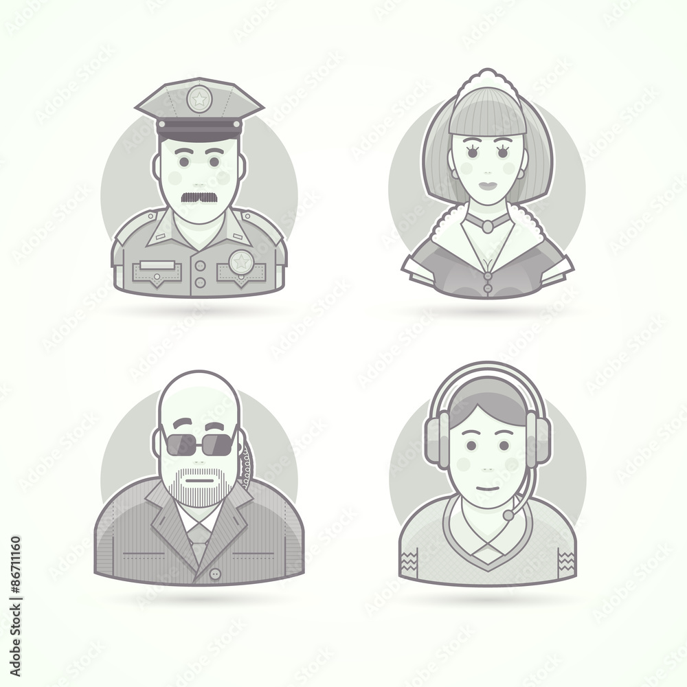 Police officer, maid, body guard, call operator icons. Avatar Police officer, maid, body guard, call operator icons. Avatar