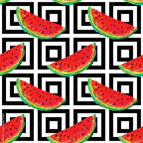Fototapeta Naklejka Na Ścianę i Meble -  Seamless pattern with watermelon slice vector illustration background. Perfect for wallpapers, pattern fills, web page backgrounds, surface textures, textile