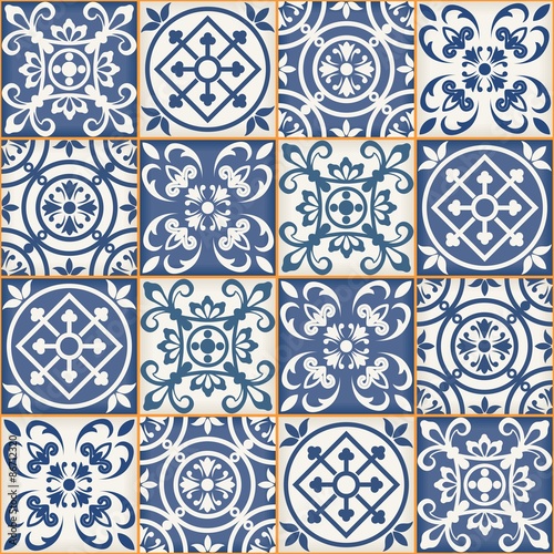 Seamless  pattern from dark blue and white Moroccan tiles