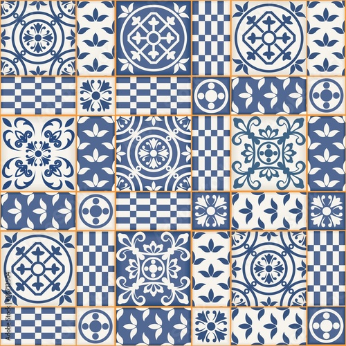 Seamless pattern from dark blue and white Moroccan tiles