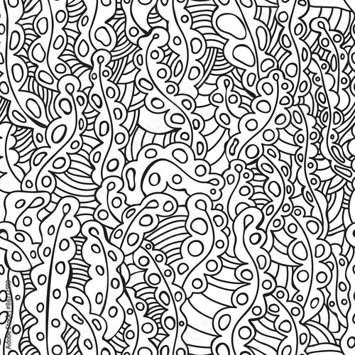 Black and white background Doodle style: leaves, spores, strips