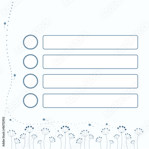 Card to specify items. Blue background, spring flowers