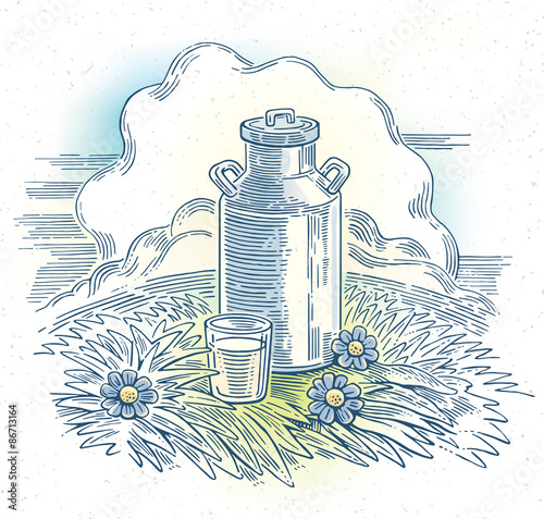 Milk cans with glass of milk. Vector illustration in graphical style.