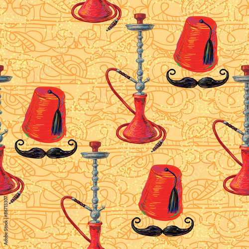 Turkish seamless pattern with fez, mustache and hookah. Tiled background oriental ornament vector illustration perfect for wallpaper, pattern fill, web page, surface texture, textile