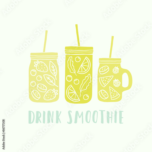 Three different mason jars with smoothie ingredients. 