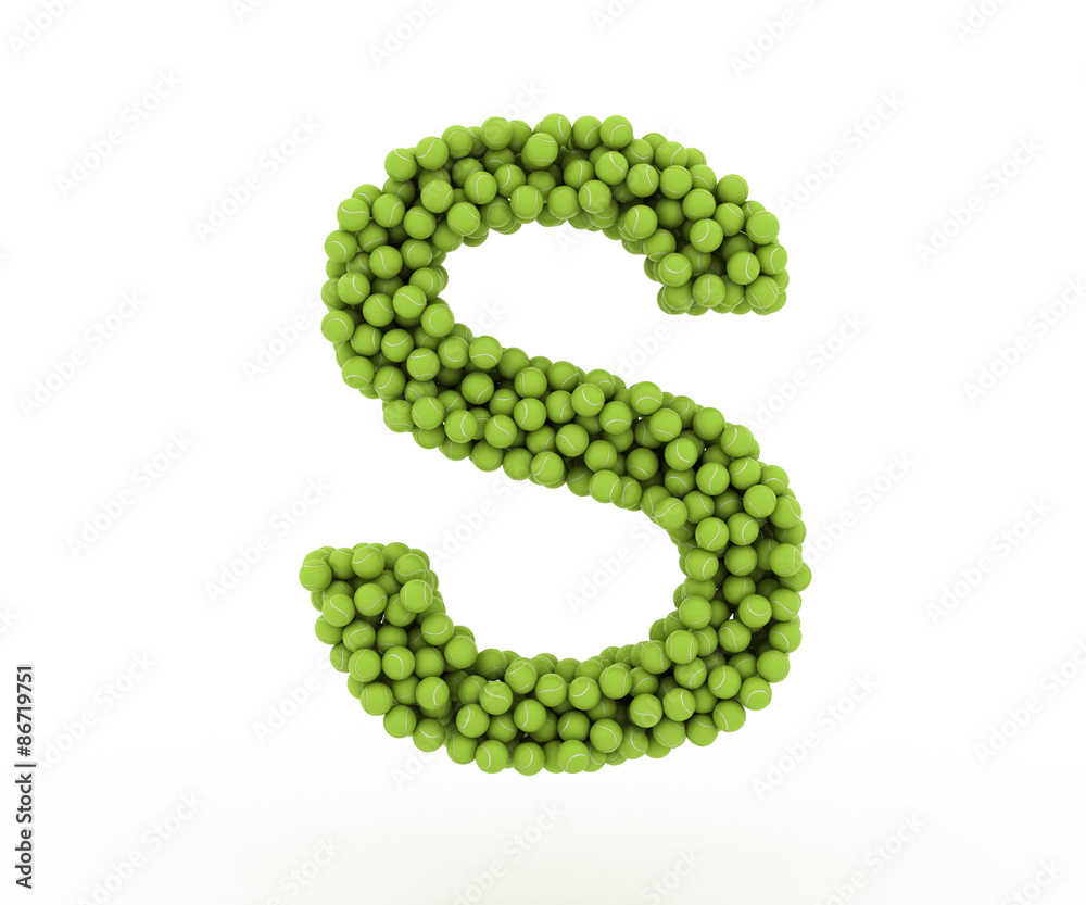 The letter S tennis balls on a white background. The letter S tennis balls on a white background.