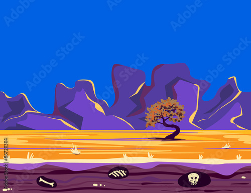 Seamless cartoon nature savanna landscape, vector unending background with desert, tree, mountains and sky