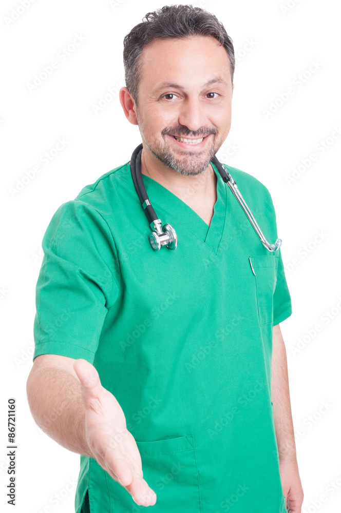 Confident and smiling young doctor offering handshake Confident and smiling young doctor offering handshake