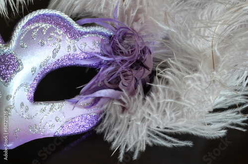 Venetian mask with feathers on a dark background 