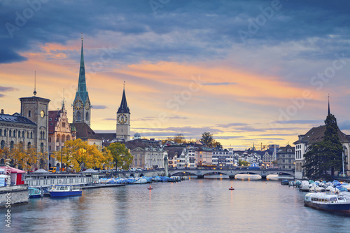 Zurich. Image of Zurich, Switzerland during autumn sunset.