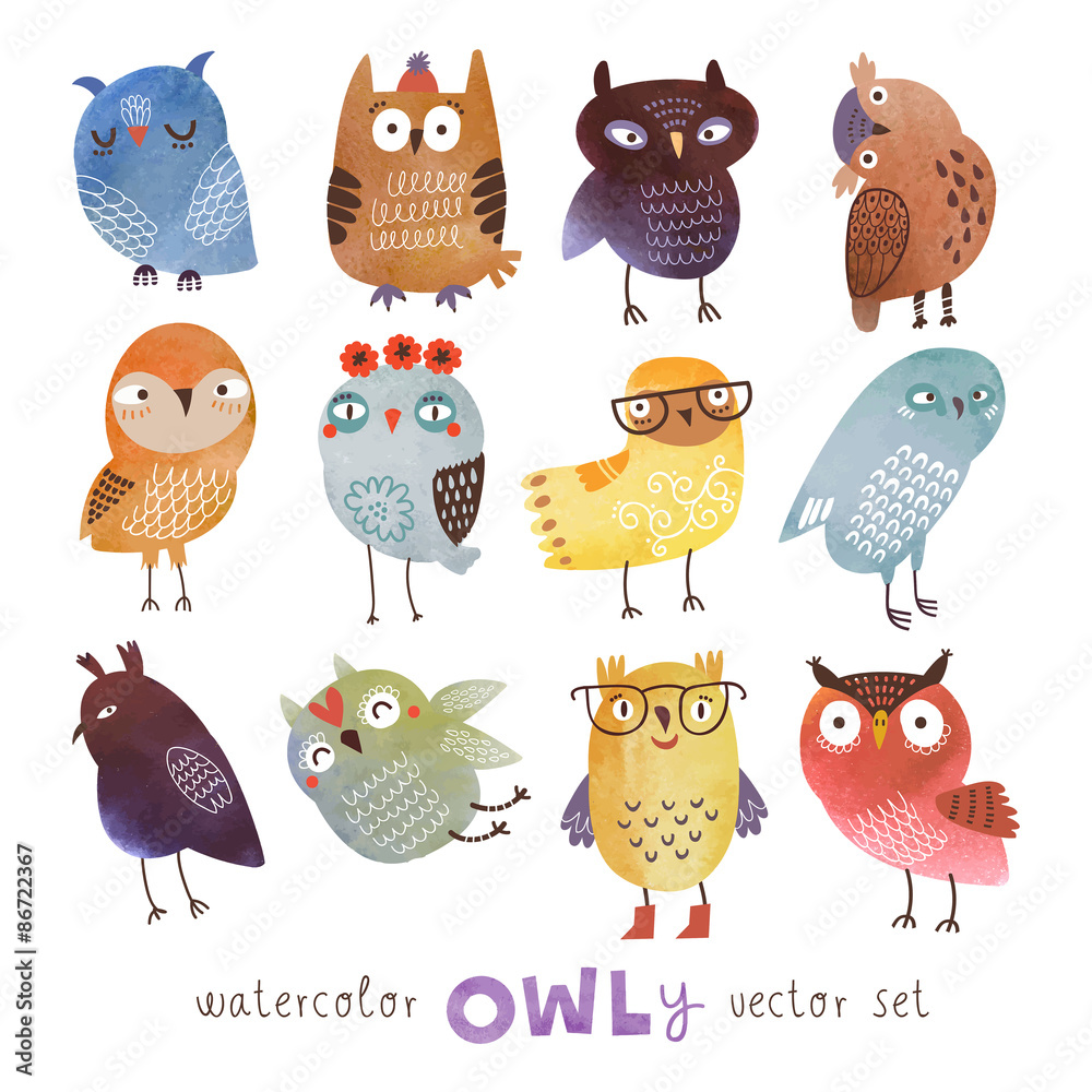 Obraz premium watercolor vector owls set