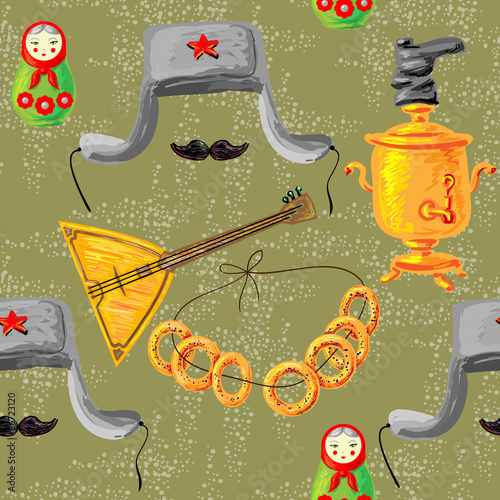 Seamless Russian vector pattern with balalaika, samovar, ushanka and mustache, Russian doll. Perfect for wallpapers, pattern fills, web page backgrounds, surface textures, textile
