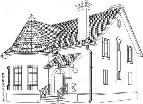 Perspective 3D render of building wireframe - Vector illustration