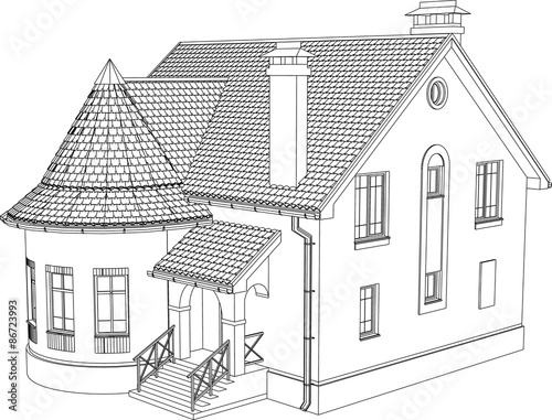 Wireframe perspective of house - 3D render of a building. Vector illustration.