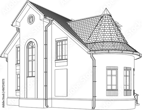 Perspective 3D render of building wireframe - Vector illustration