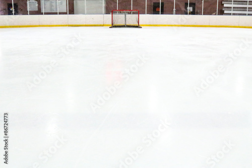 Canvas Print Perspective of a tiny hockey net across expansive ice at an indoor rink