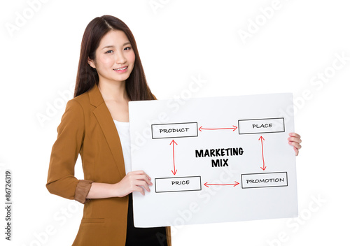 Businesswoman hold with palcard and presenting marketing mix con photo