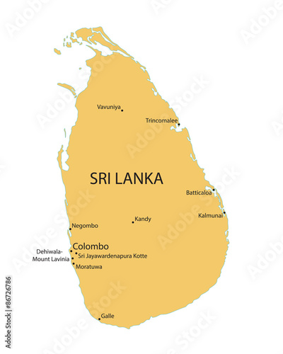 yellow map of Sri Lanka with indication of largest cities