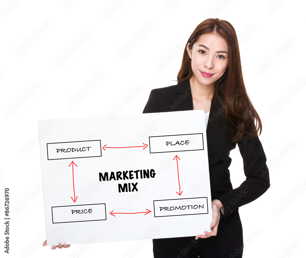 Business woman with a board for marketing mix concept Business woman with a board for marketing mix concept