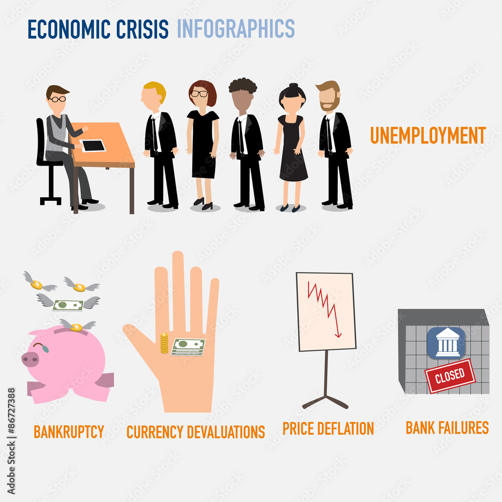 The economic crisis infographic.Unemployment,bankruptcy,currency The economic crisis infographic.Unemployment,bankruptcy,currency