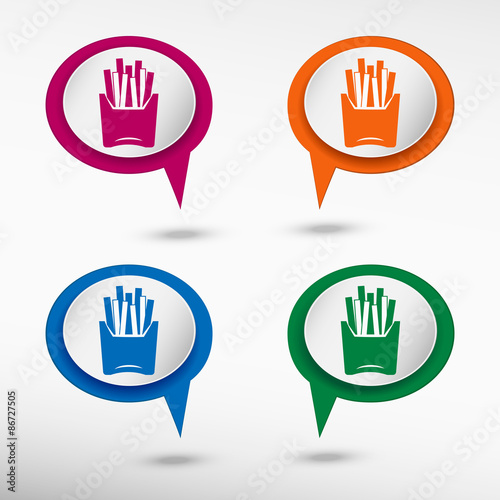 Fried potatoes icon on colorful chat speech bubbles