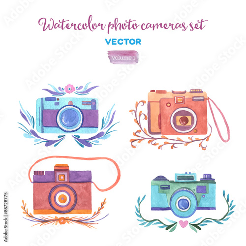 Watercolor vector photo cameras set.