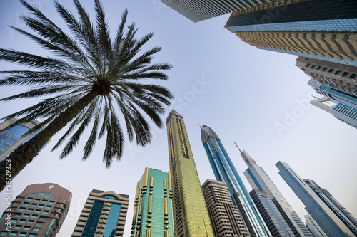 Sleek modern skyscrapers of the skyline along the business center of Sheikh Zayed Road in Dubai, UAE
