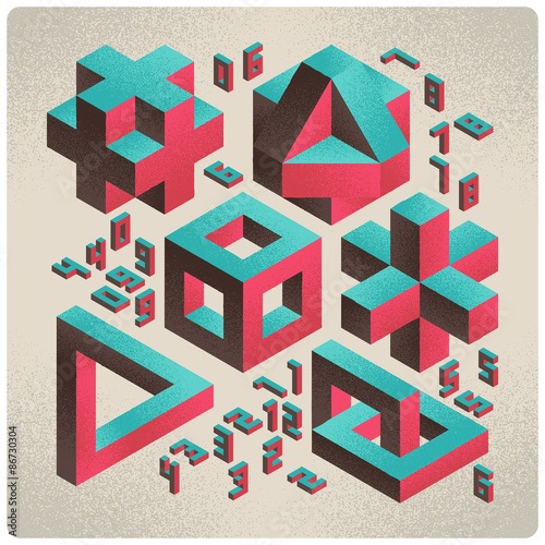 Isometric abstract geometry design elements with numbers font on light background