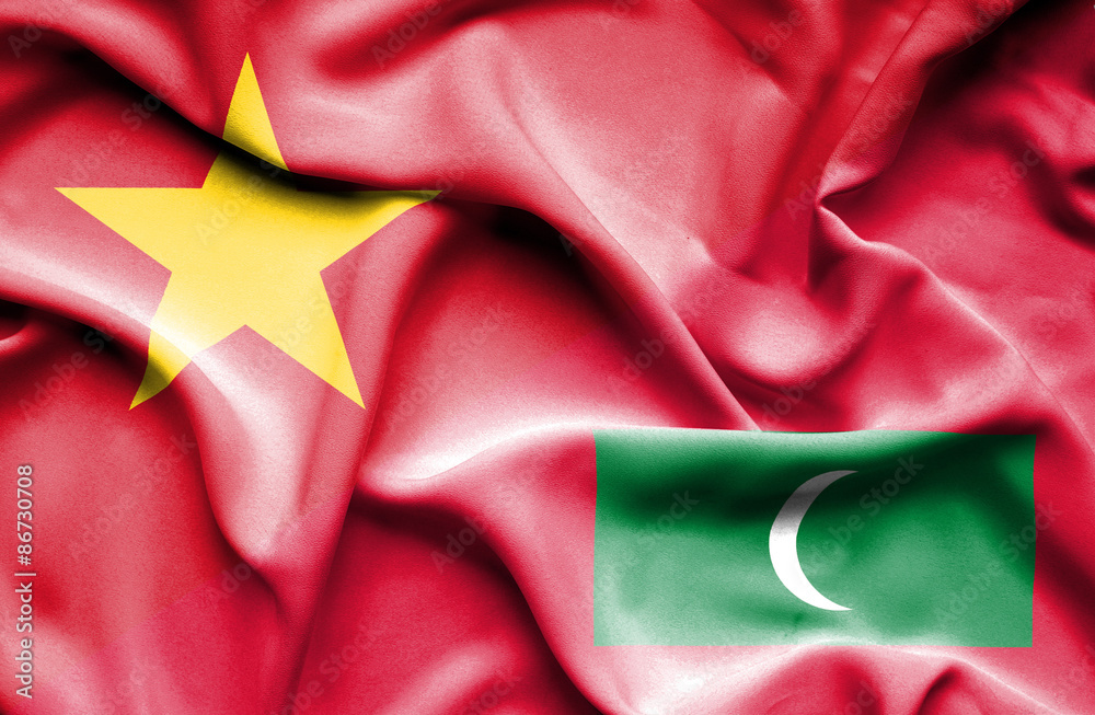 Waving flag of Maldives and Vietnam