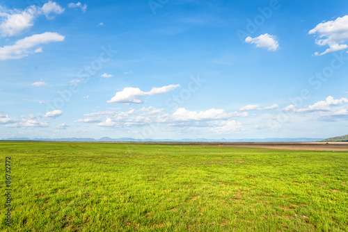 Blue sky and green grass field