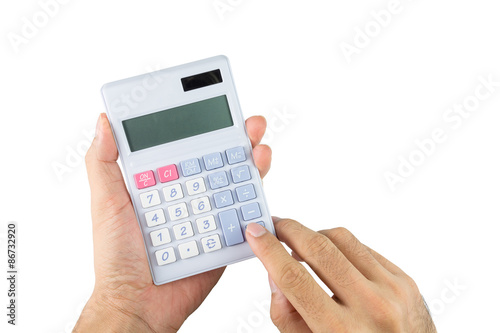 Closeup Of asian Male hand holding with calculator