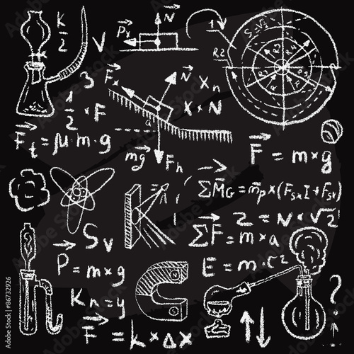 Physical formulas and phenomenons on chalkboard. Vintage hand drawn illustration