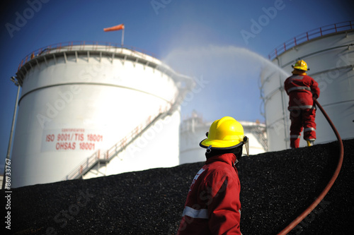 practice fireman extinguish oil spill petrochemical industrial.