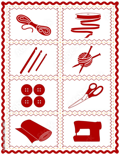 Sewing, knit, crochet, quilt, scissors, ribbon, DIY craft icons, red rick rack frame 