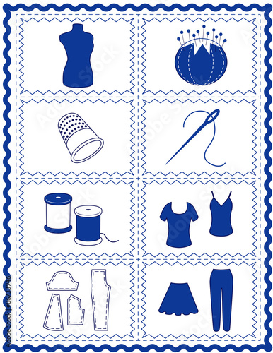 Sewing, tailoring, DIY icons, fashion model mannequin, needle, thread, pincushion, blue rick rack frame