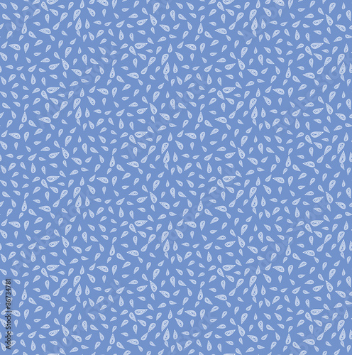 Vector seamless background consisting of random drops scattered in different directions. Chaotic drops on a blue background.