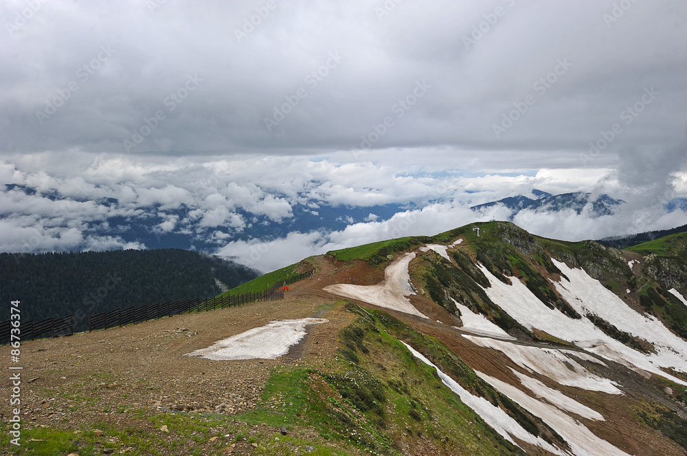 Fototapeta premium mountain landscape: snow on the mountain pass Caucasus mountains