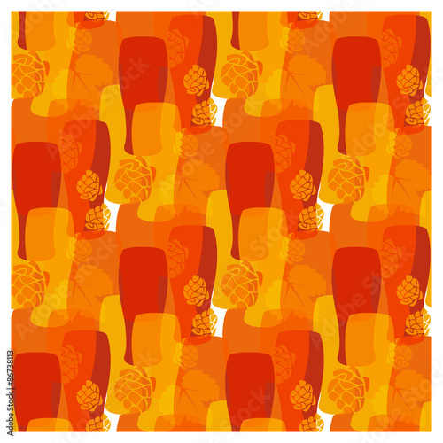 Vector pattern with beer glasses, hops different warm colors of