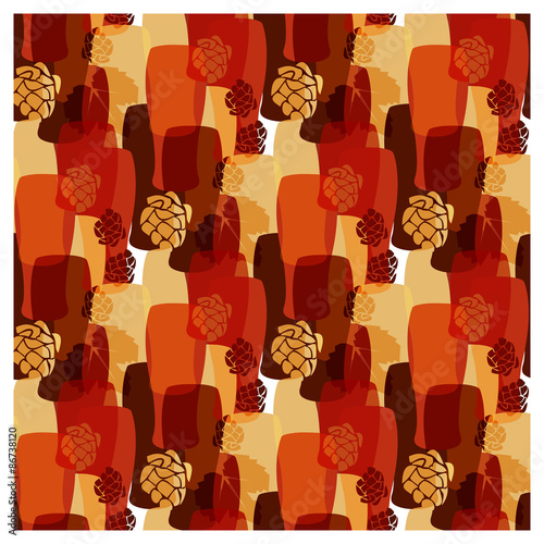 Vector pattern with beer glasses, hops different warm colors of