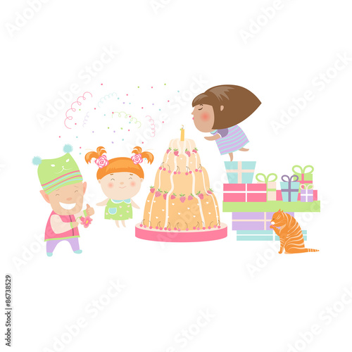 Kids celebrating Birthday with gifts and cake