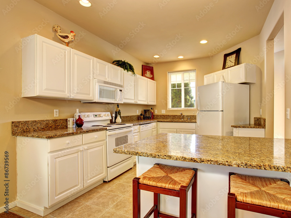 Modern kitchen with marble counters and beautiful decor.