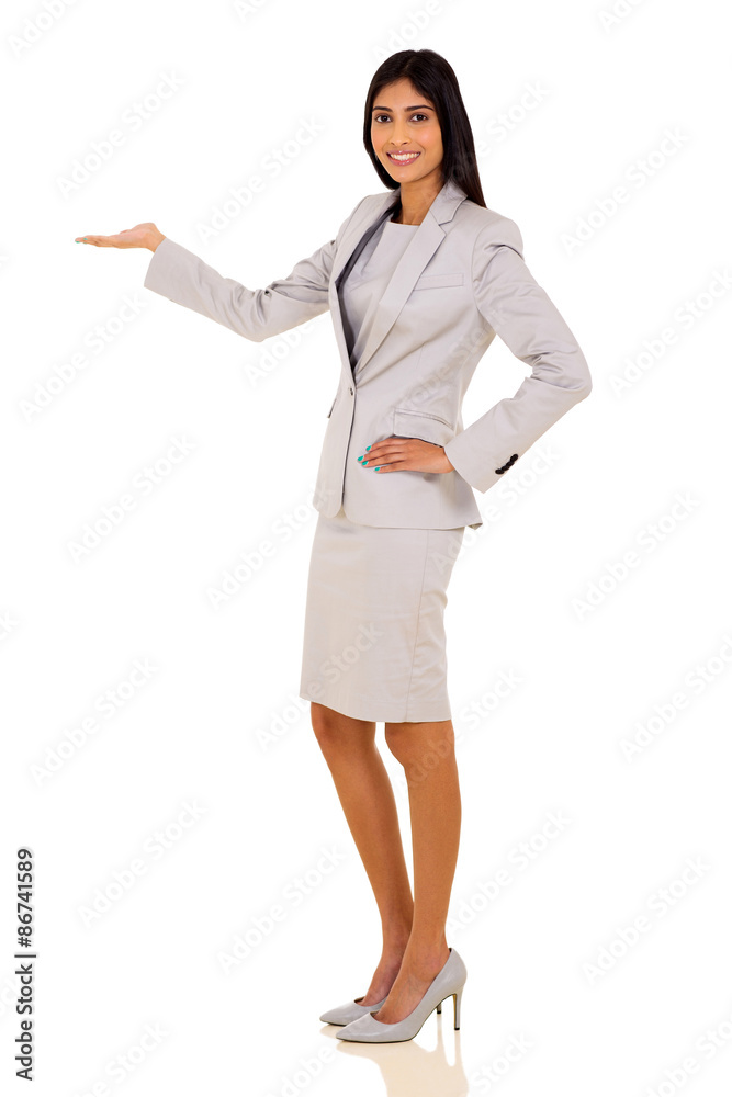 young indian businesswoman welcome gesture young indian businesswoman welcome gesture